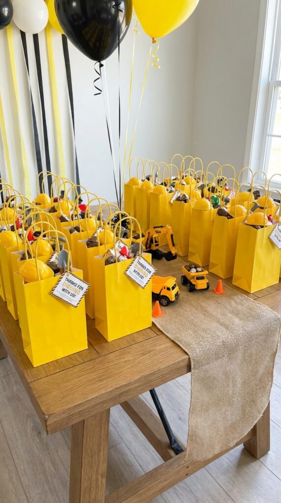 Construction themed party favors in yellow bags
