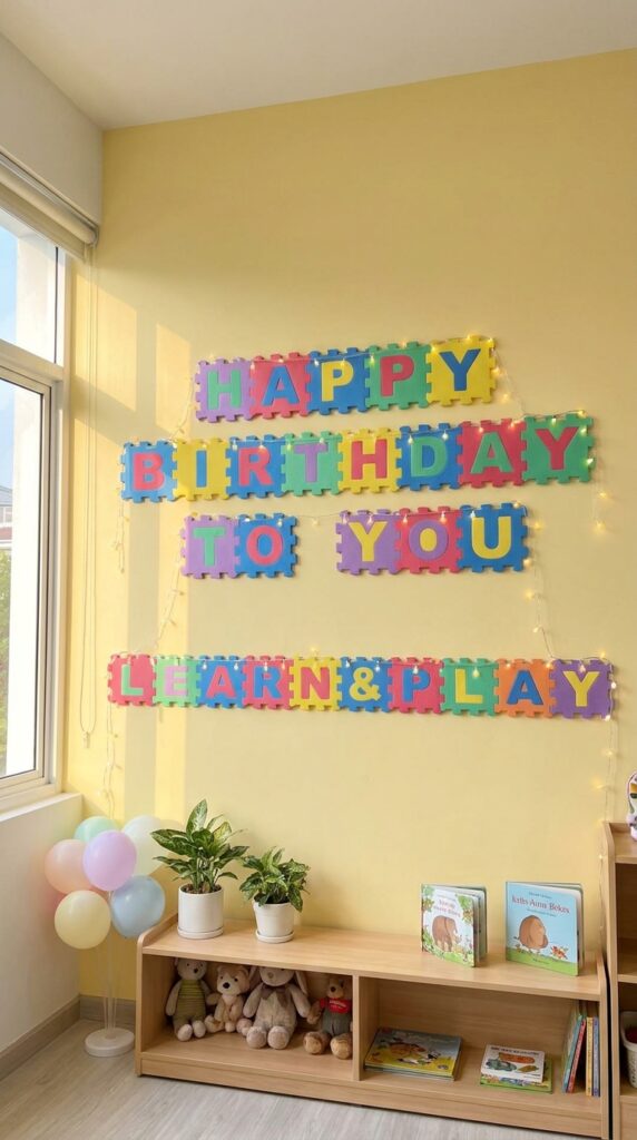 Colorful alphabet wall with lights for toddler party backdrop