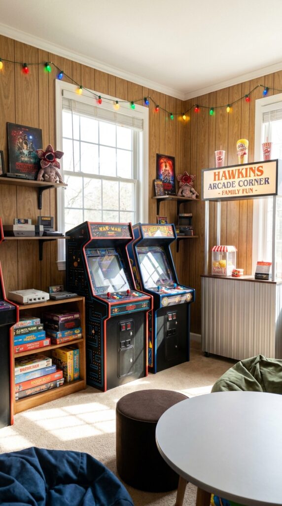 Stranger Things themed arcade game party corner with retro consoles and colorful decorations