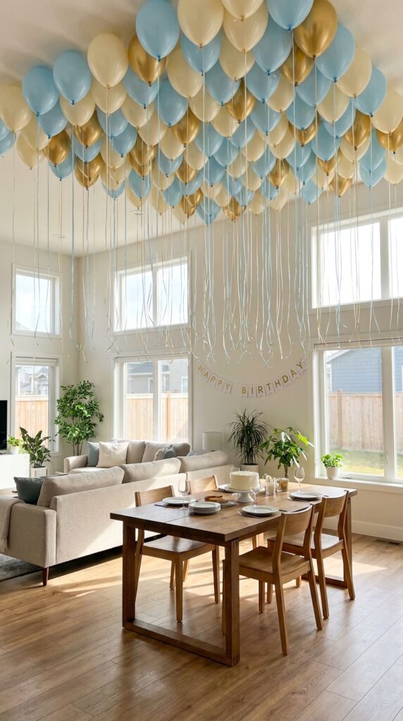 Ceiling filled with themed balloons for birthday party