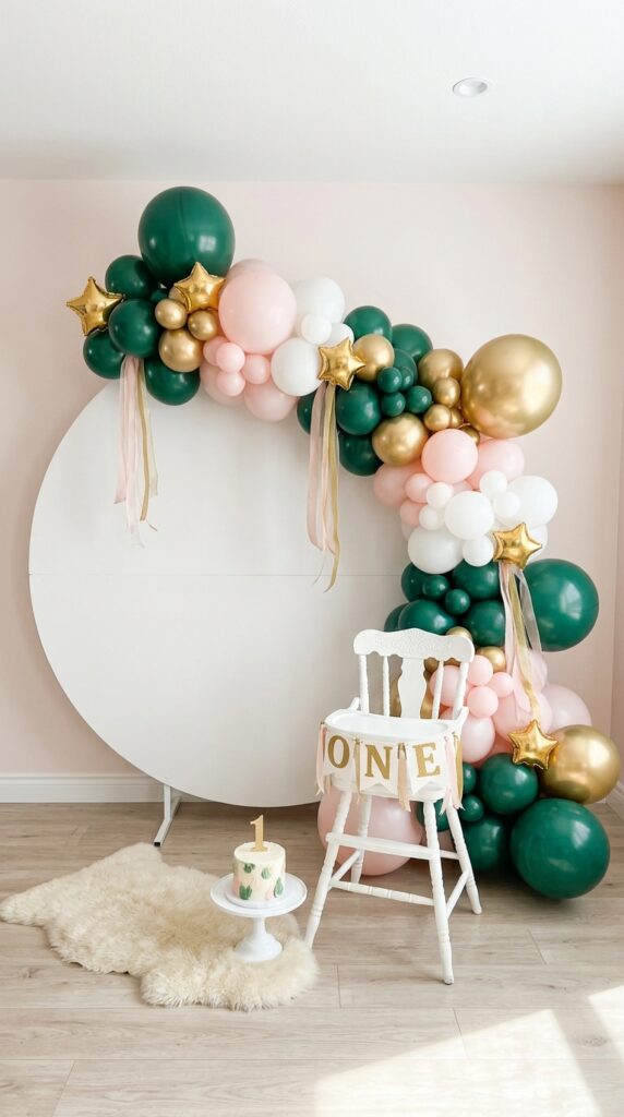 Wicked-inspired first birthday balloon backdrop with emerald green and pink decorations.