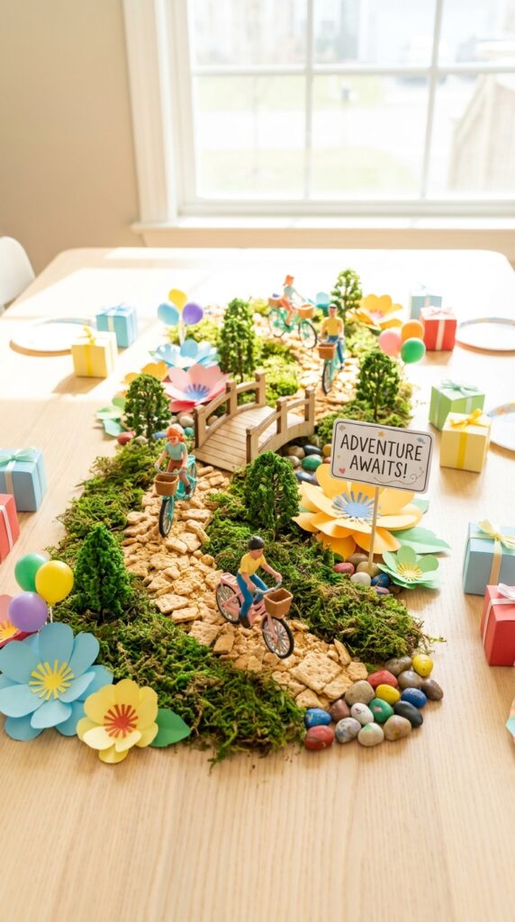 Bike adventure themed centerpiece with toy bikes and mini props on table