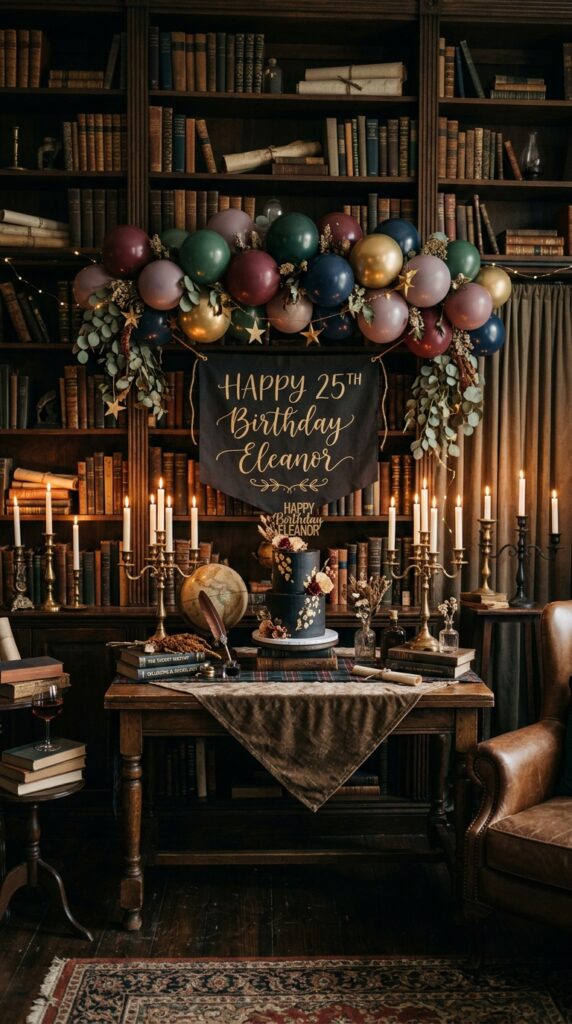 Highly realistic dark academia birthday backdrop with vintage books, candle holders, muted balloon decorations, warm lighting, elegant moody party setup.