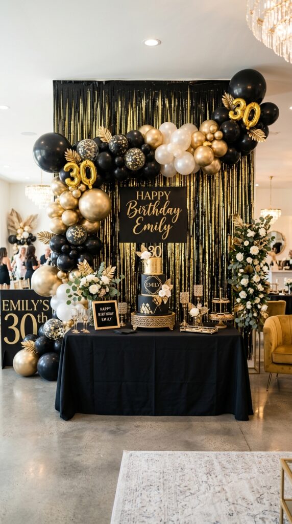 Elegant black and gold birthday backdrop with luxury balloon decorations.