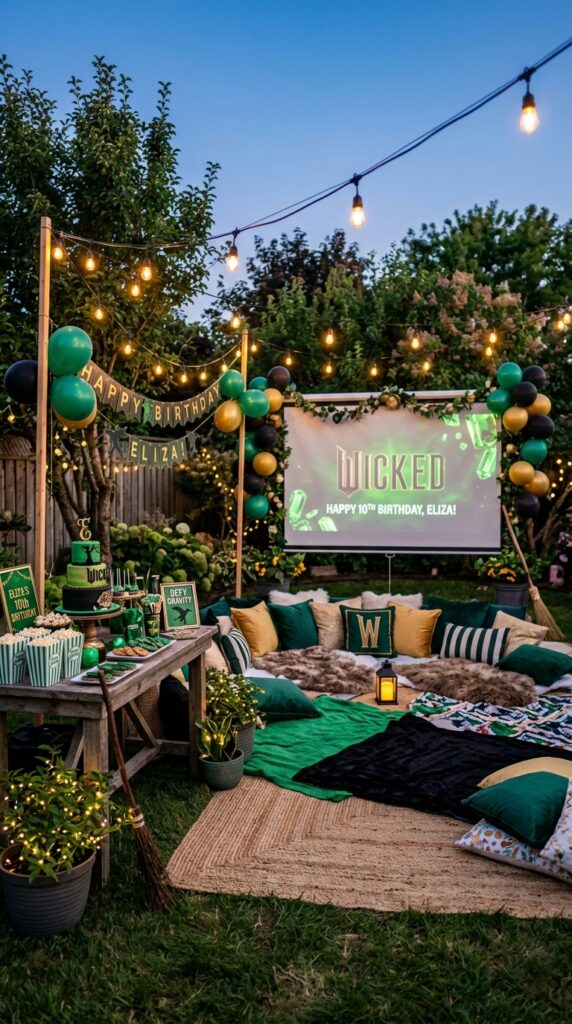 Wicked themed backyard movie night birthday setup