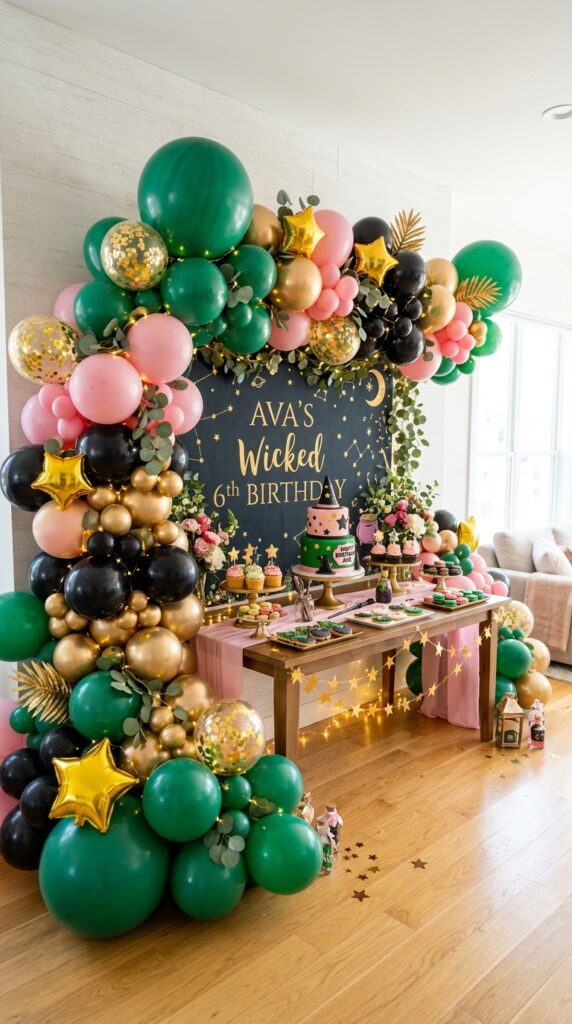 Emerald green wicked birthday party balloon garland with magical themed decorations.