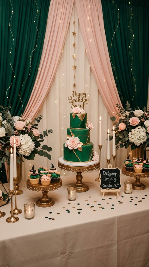 Wicked-inspired birthday cake corner with magical decorations.