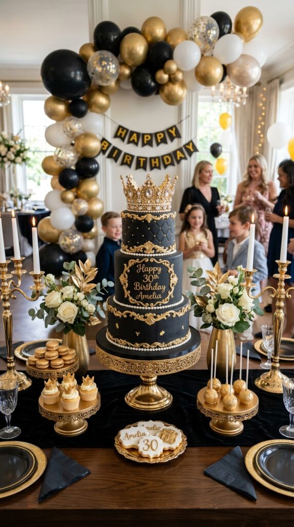 Royal gold crown birthday cake with elegant magical party decorations and luxurious styling.