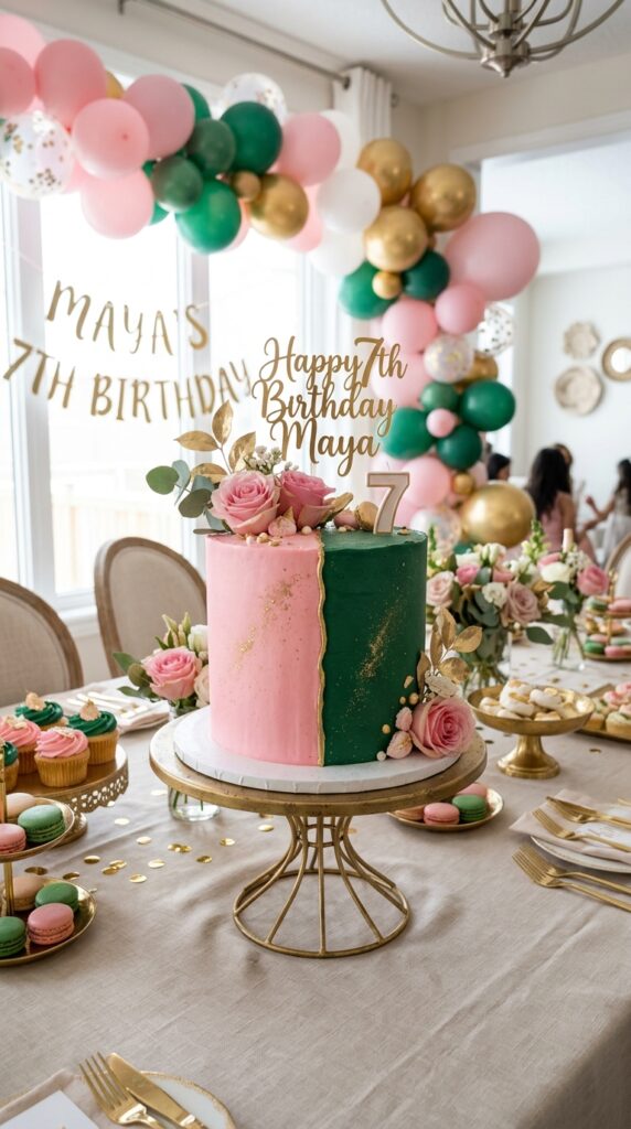 Pink and green split birthday cake with magical themed decorations and elegant party styling.