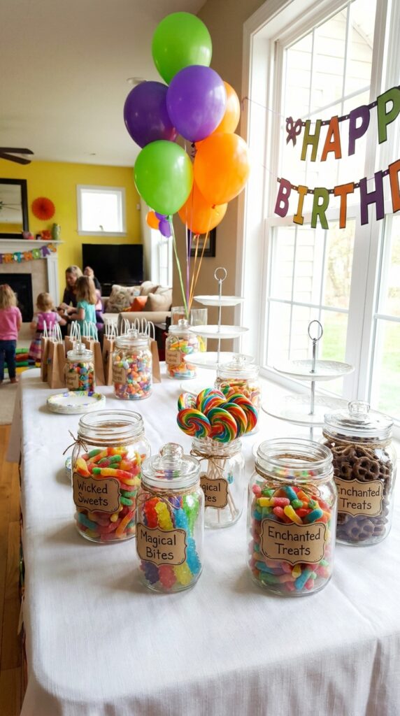 Colorful wicked birthday candy buffet with themed sweets and decorations