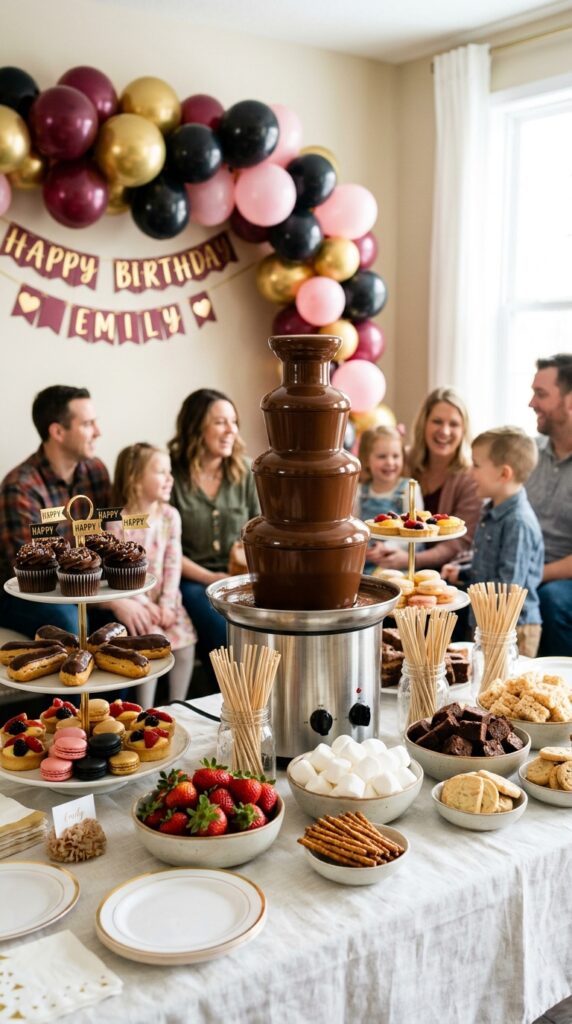 Wicked birthday chocolate fountain station with themed dessert treats