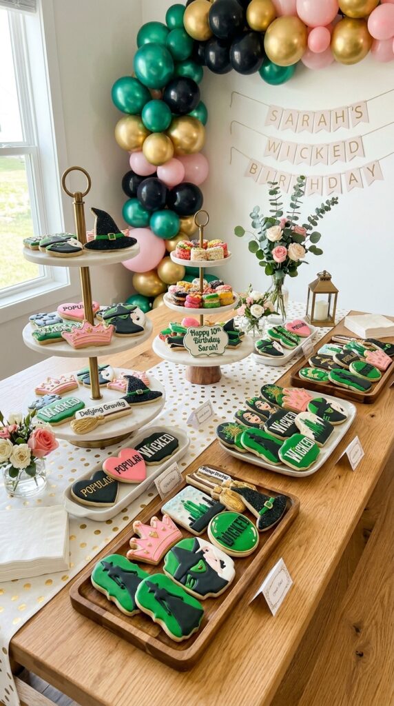 Wicked themed cookie display with dramatic decorated birthday treats