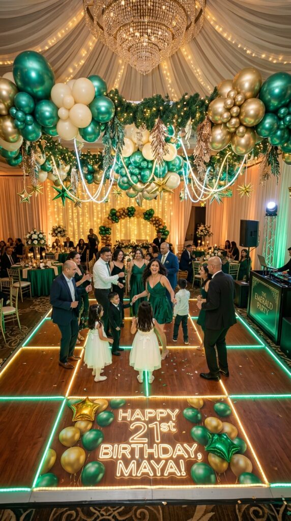 Magical emerald dance floor with wicked themed birthday party decorations.