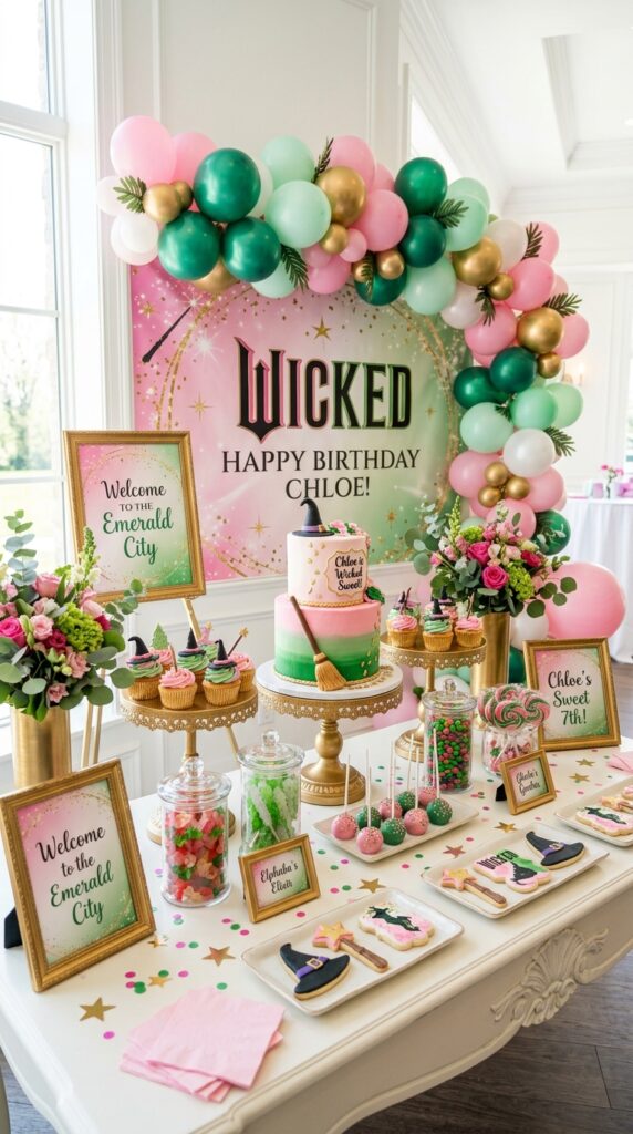 Pink and green wicked birthday dessert table with magical party decorations.