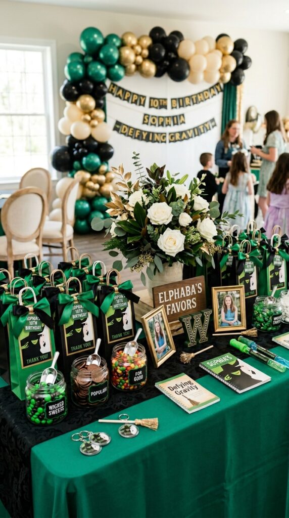 Wicked-themed birthday favor table with personalized gift bags.