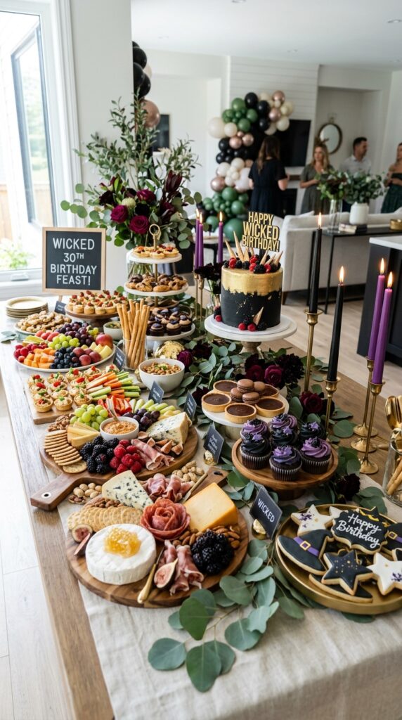 Elegant wicked themed grazing table with party snacks and desserts