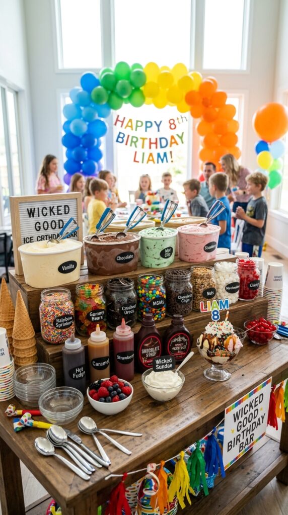 Wicked birthday ice cream sundae station with colorful dessert toppings