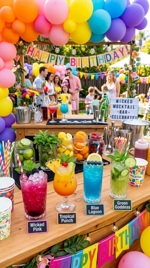 Wicked birthday mocktail drink station with colorful party beverages