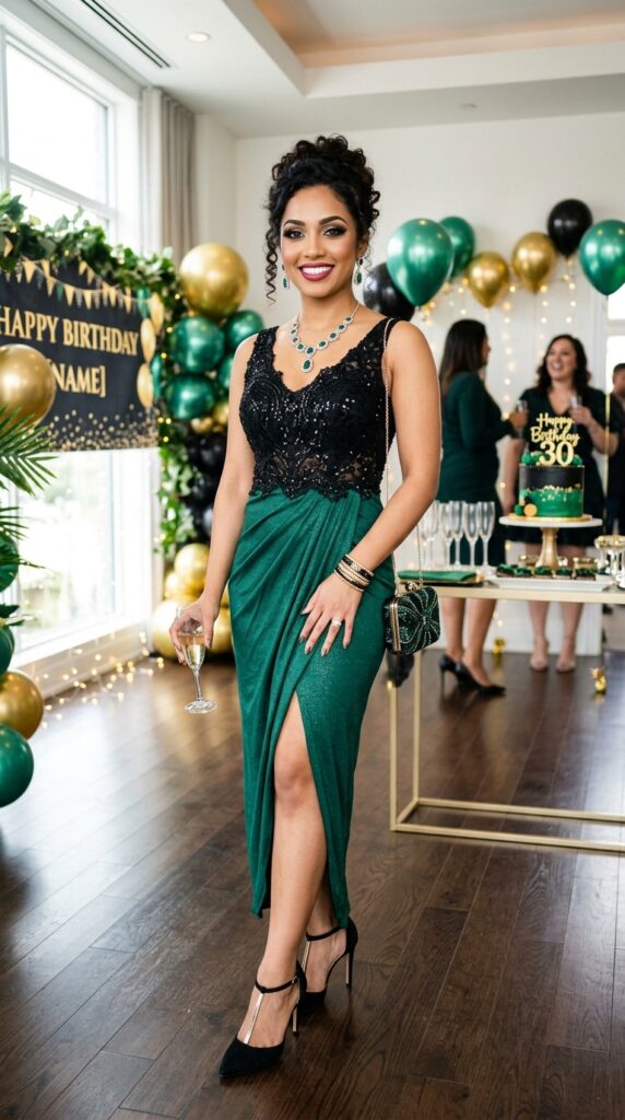 Black and emerald glam birthday party outfit inspired by Wicked aesthetics.