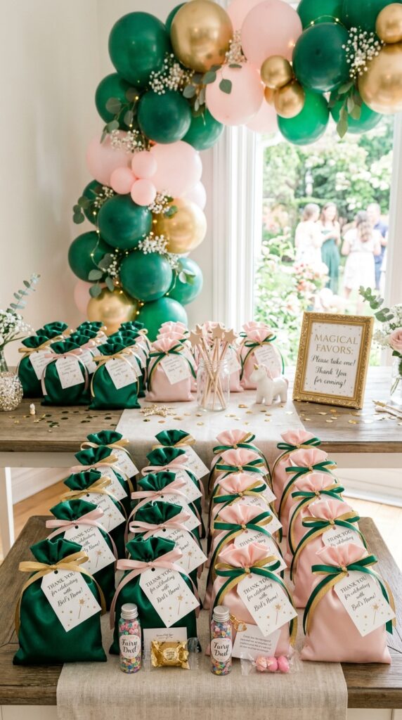 Wicked-inspired birthday party favor table with themed gift bags and decorations.