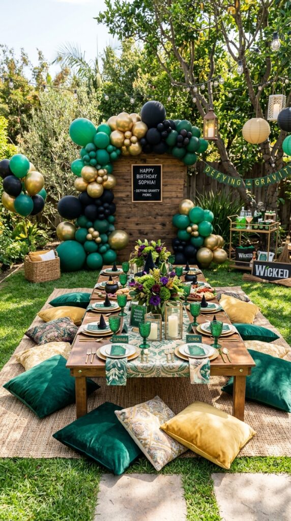 Outdoor Wicked birthday picnic setup with emerald decorations