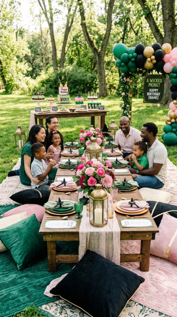 Wicked-inspired picnic birthday setup with pink and green themed decorations.
