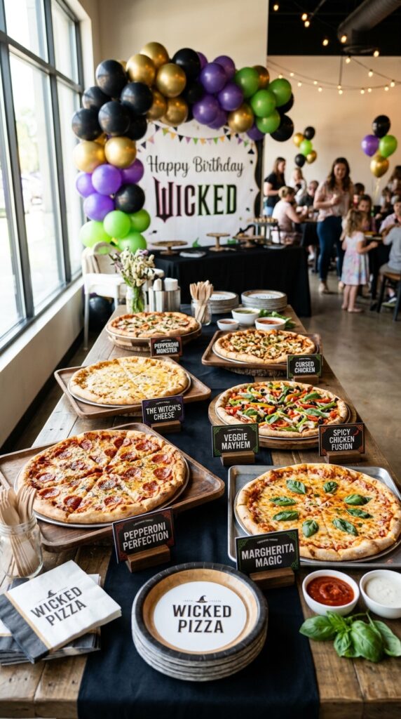 Wicked themed pizza buffet station for birthday party guests