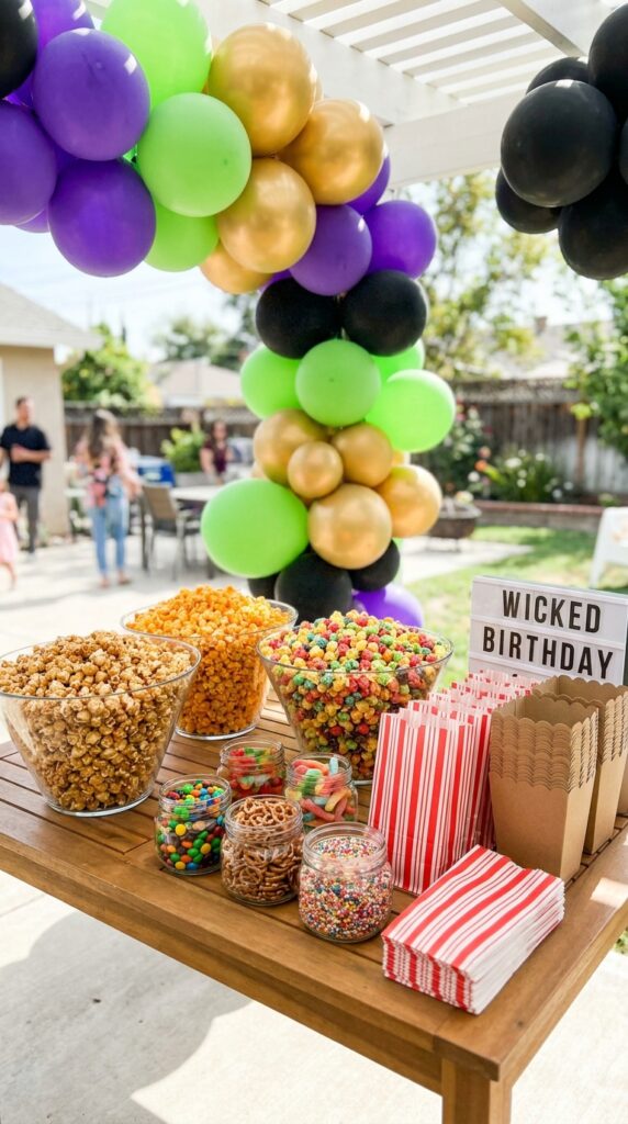 Wicked birthday popcorn station with colorful toppings and themed decorations