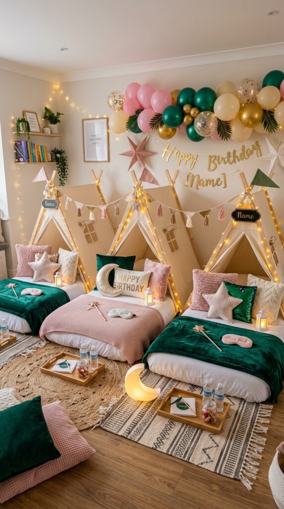 Magical fairy light sleepover setup for Wicked-themed 5th birthday party.