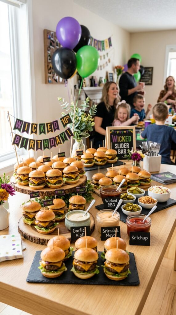 Mini burger slider station for a wicked themed birthday party