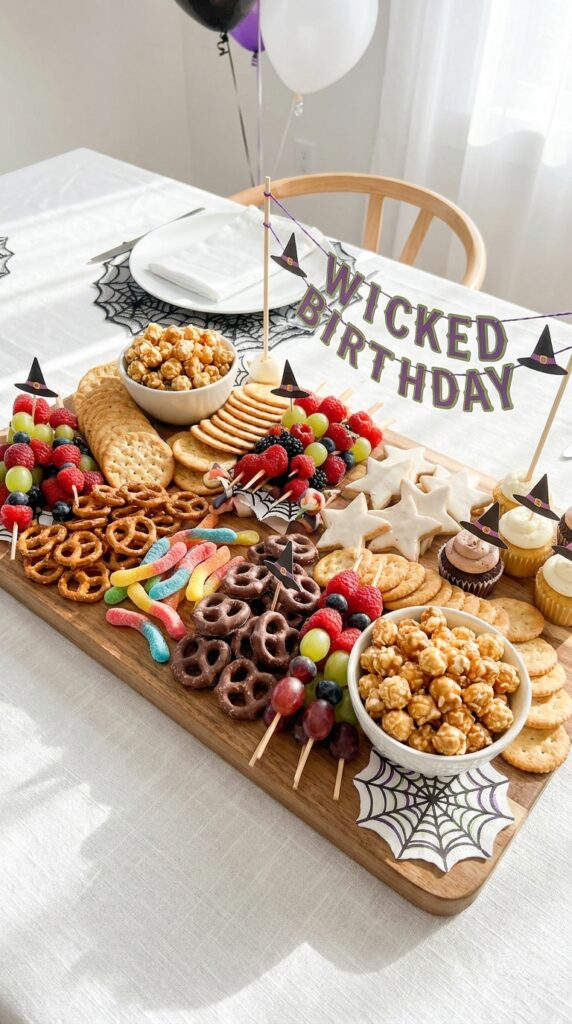 Wicked themed spooky snack board with sweet and savory birthday foods
