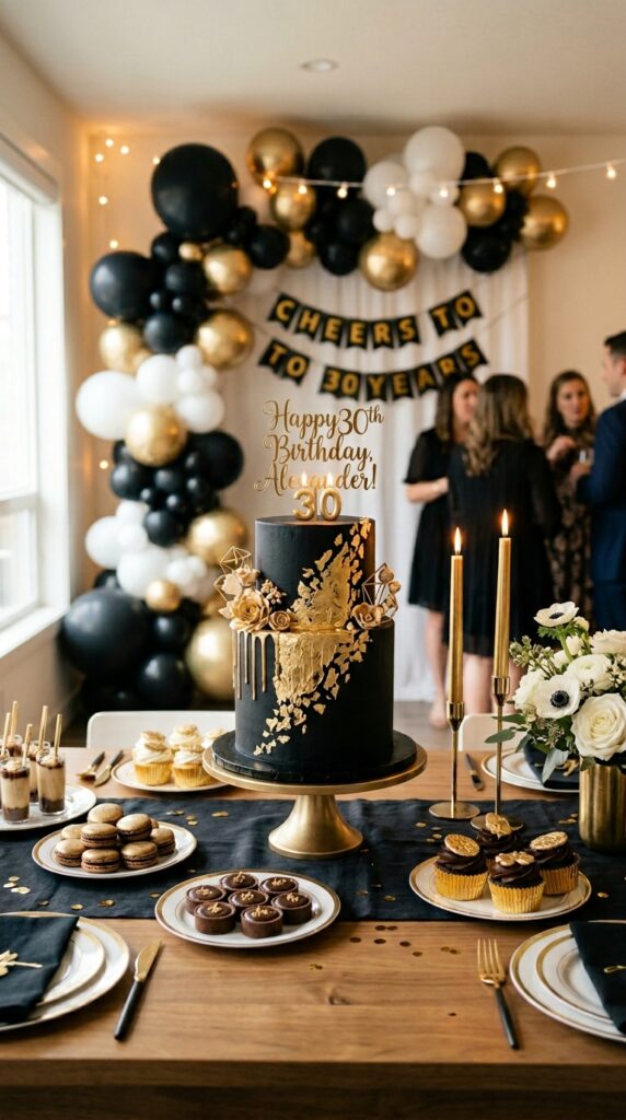 Black and gold glamorous birthday cake with elegant magical party styling.