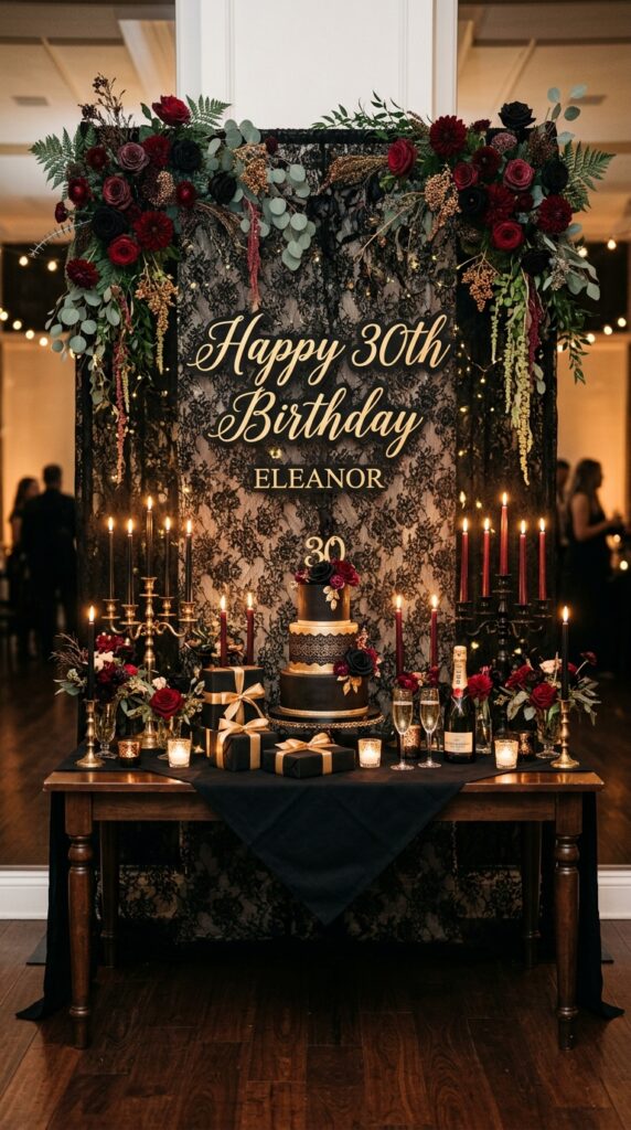 Black marble birthday backdrop with metallic glam party decorations.