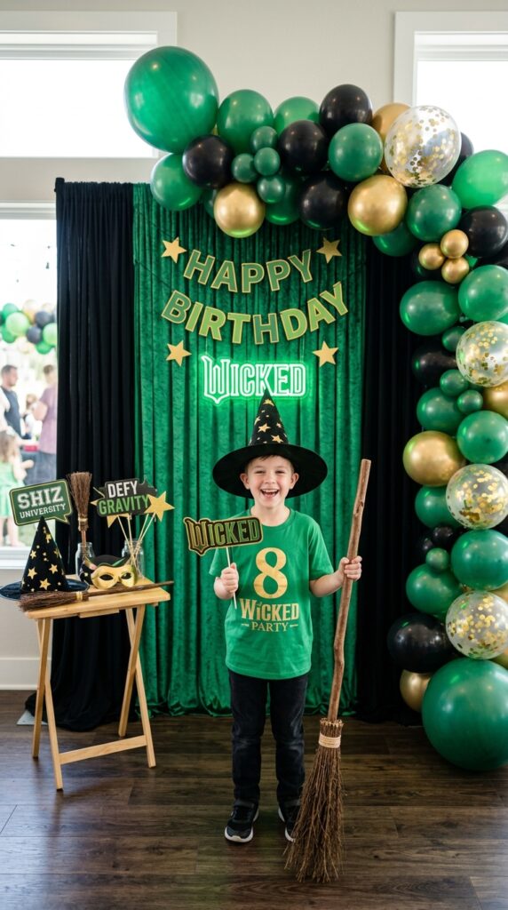 Wizard-inspired Wicked birthday party photo booth with magical props