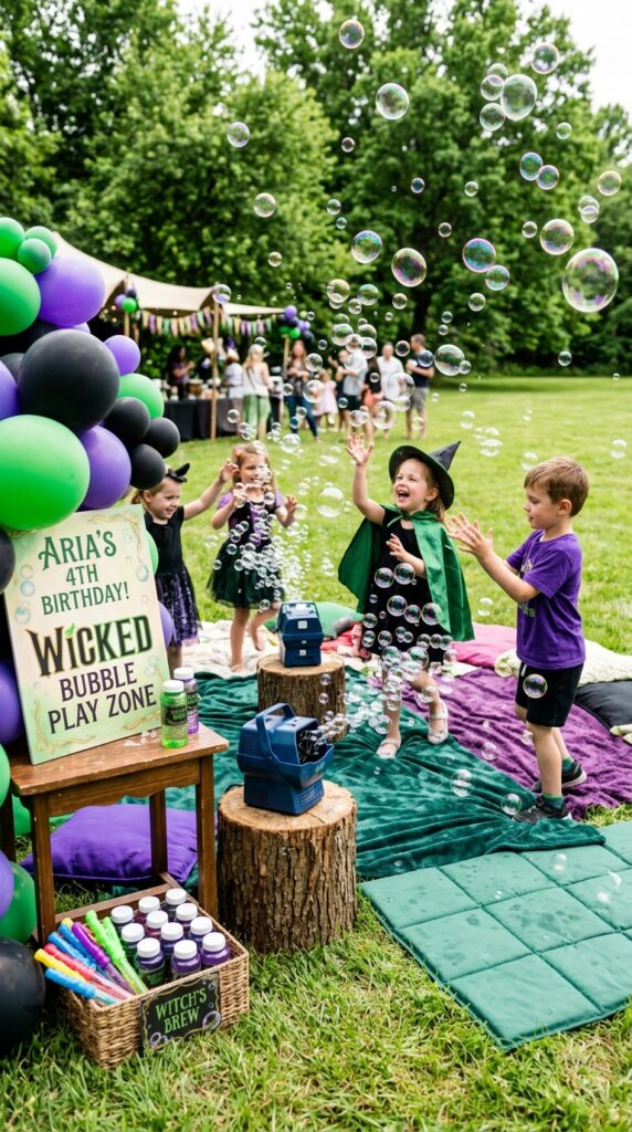 Bubble play station at a Wicked-themed 4th birthday party.