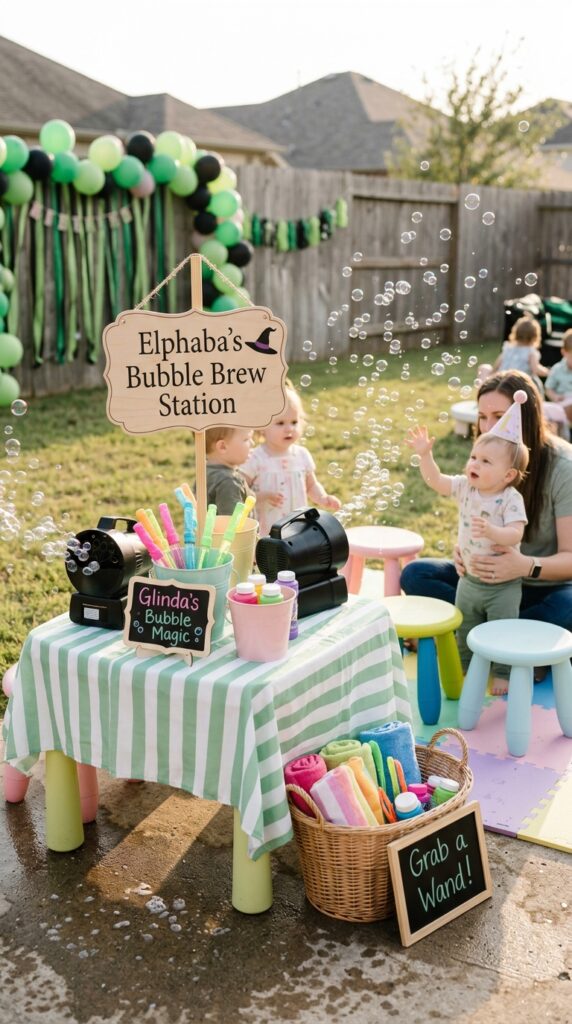 Bubble play station for a Wicked-themed first birthday party.