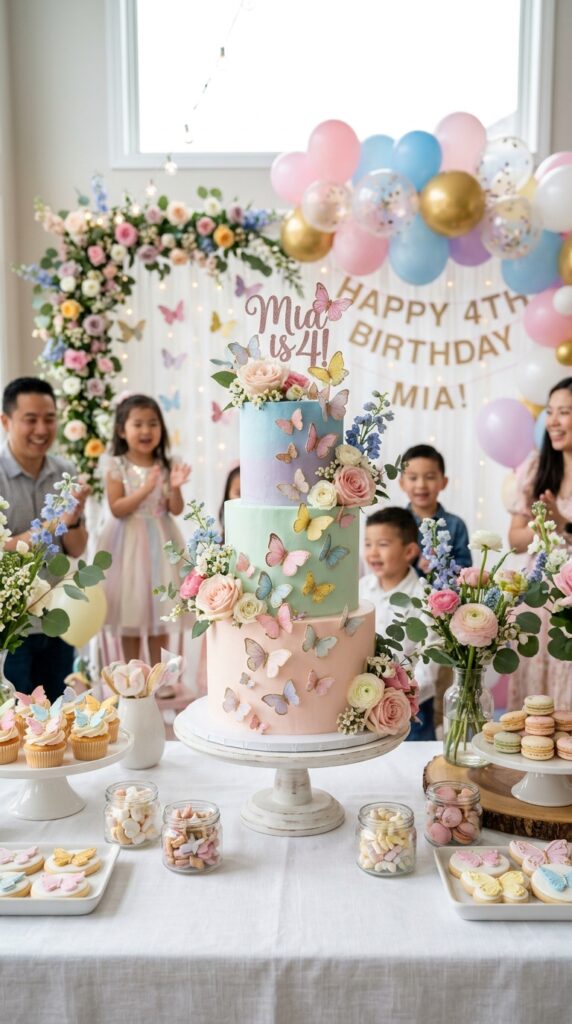 Butterfly themed magical birthday cake with pastel decorations and elegant styling.