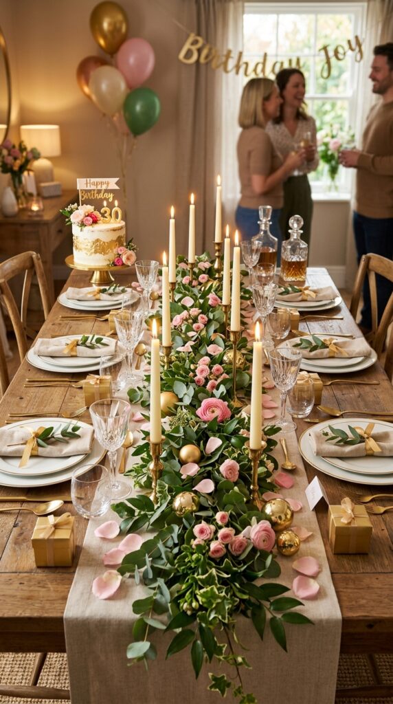 : Elegant candle runner centerpiece with emerald greenery for birthday party table.