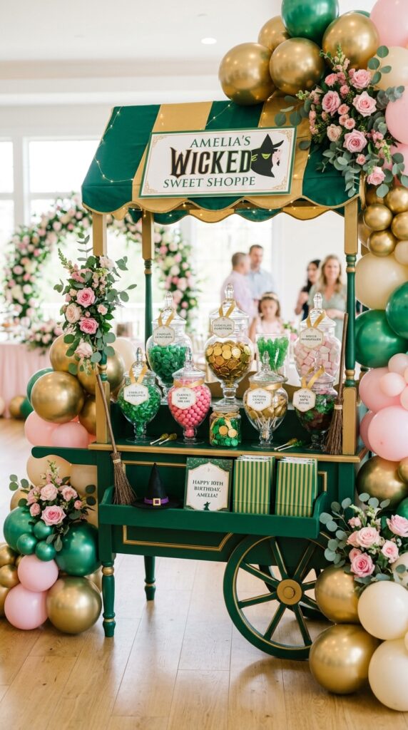 Candy cart station with pink and emerald sweets for a Wicked birthday party.