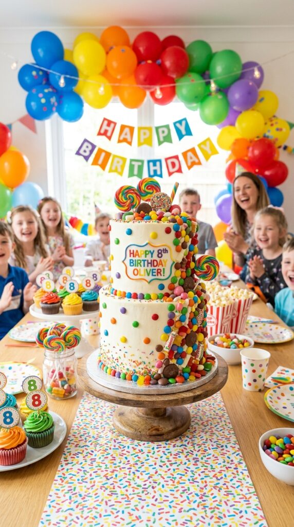 Candy explosion birthday cake with colorful magical themed party decorations.