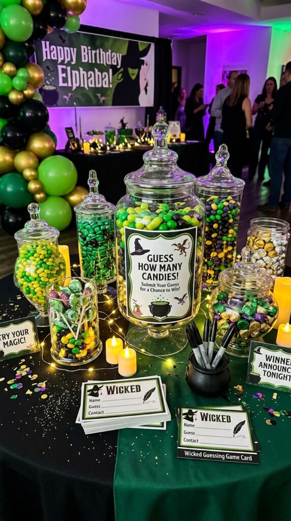 Candy guessing game setup at a wicked birthday party.