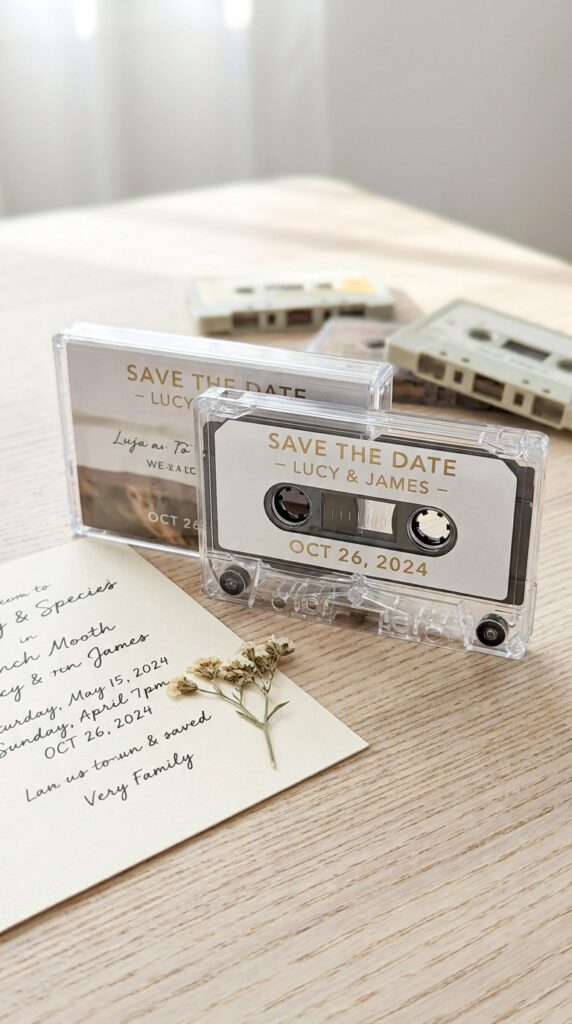 Retro cassette tape shaped Stranger Things birthday invitation with customized label and 80s inspired design