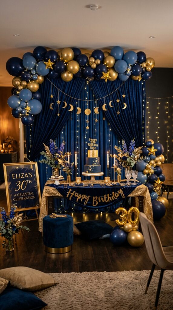 Celestial birthday backdrop with stars, moon decor, and navy balloons.