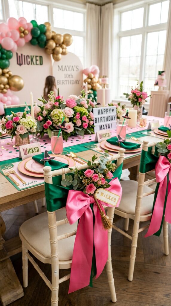 Pink and emerald chair decorations for Wicked birthday party table setup.