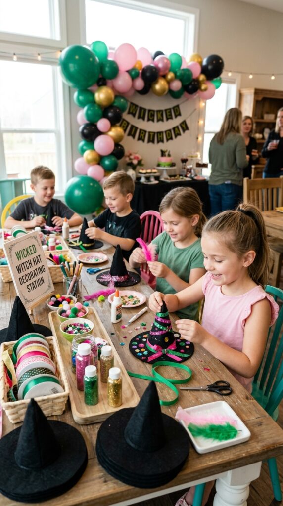 Kids decorating magical witch hats at a Wicked-themed 5th birthday party activity station.