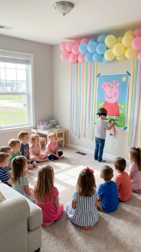 Kids playing Pin the Tail on Peppa party game during a Peppa Pig birthday celebration.