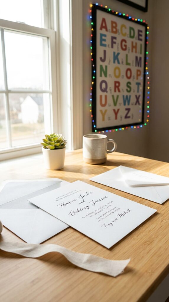 Alphabet wall Stranger Things birthday invitation with colorful light bulb dots across each letter on kraft paper background