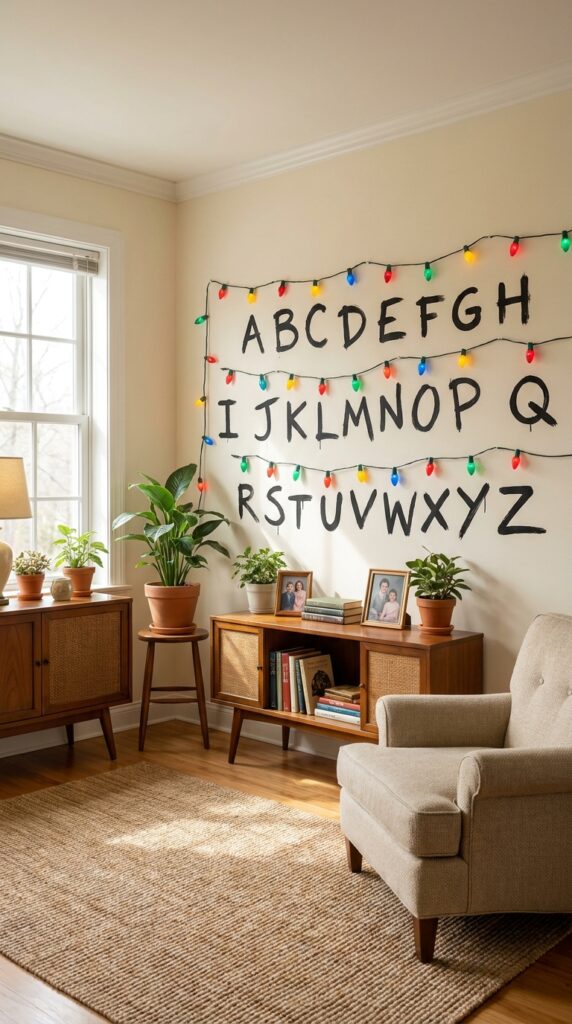 Stranger Things alphabet wall with colorful Christmas lights decoration for birthday party