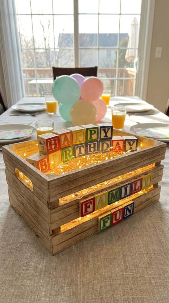 Mini alphabet wall centerpiece with colorful string lights on party table