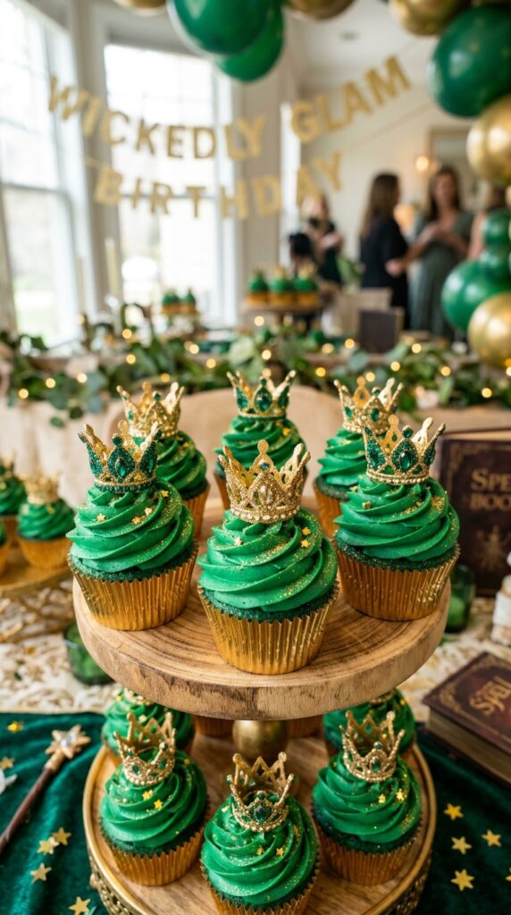  Glitter crown cupcakes for elegant Wicked birthday party desserts.
